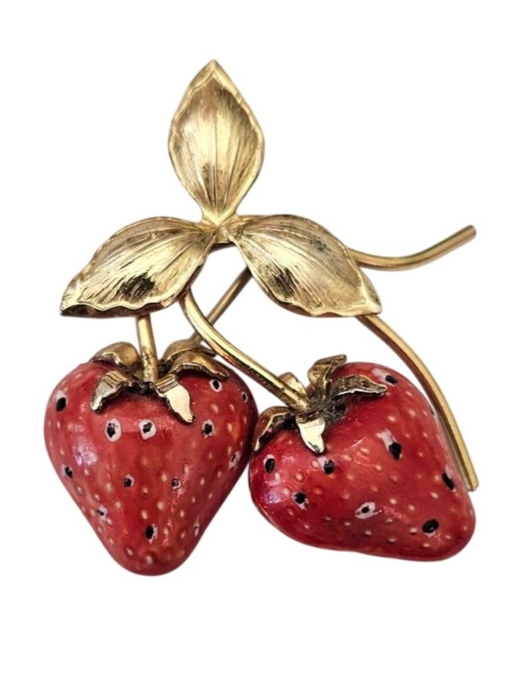 Creed 1-20 12K Gold Filled Red Enamel Strawberry Brooch Leaf Stem Pin, J868